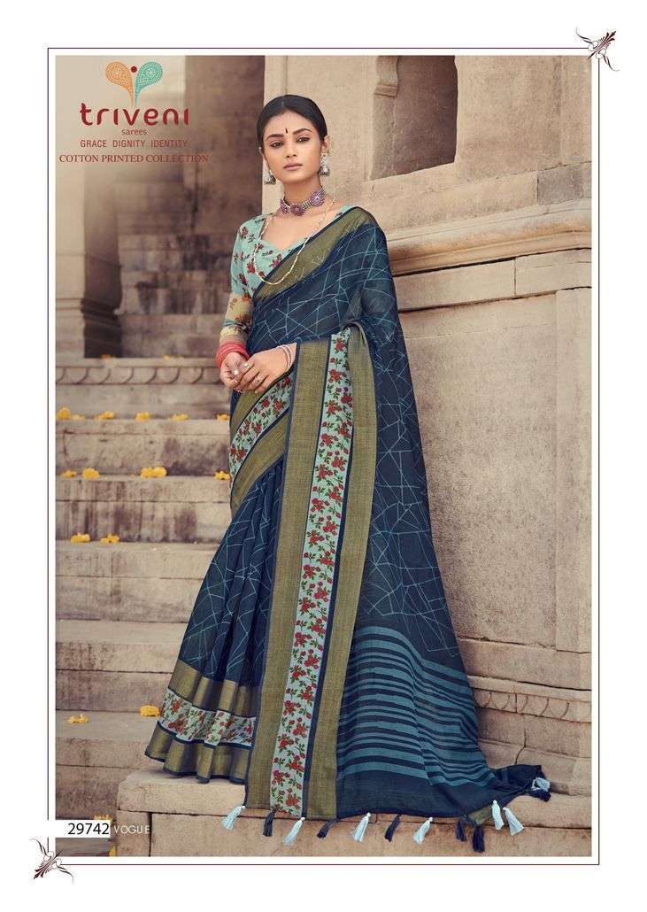 GANGA JAMUNA BY TRIVENI 29741 TO 29748 SERIES INDIAN TRADITIONAL WEAR COLLECTION BEAUTIFUL STYLISH FANCY COLORFUL PARTY WEAR & OCCASIONAL WEAR COTTON LINEN PRINT SAREES AT WHOLESALE PRICE