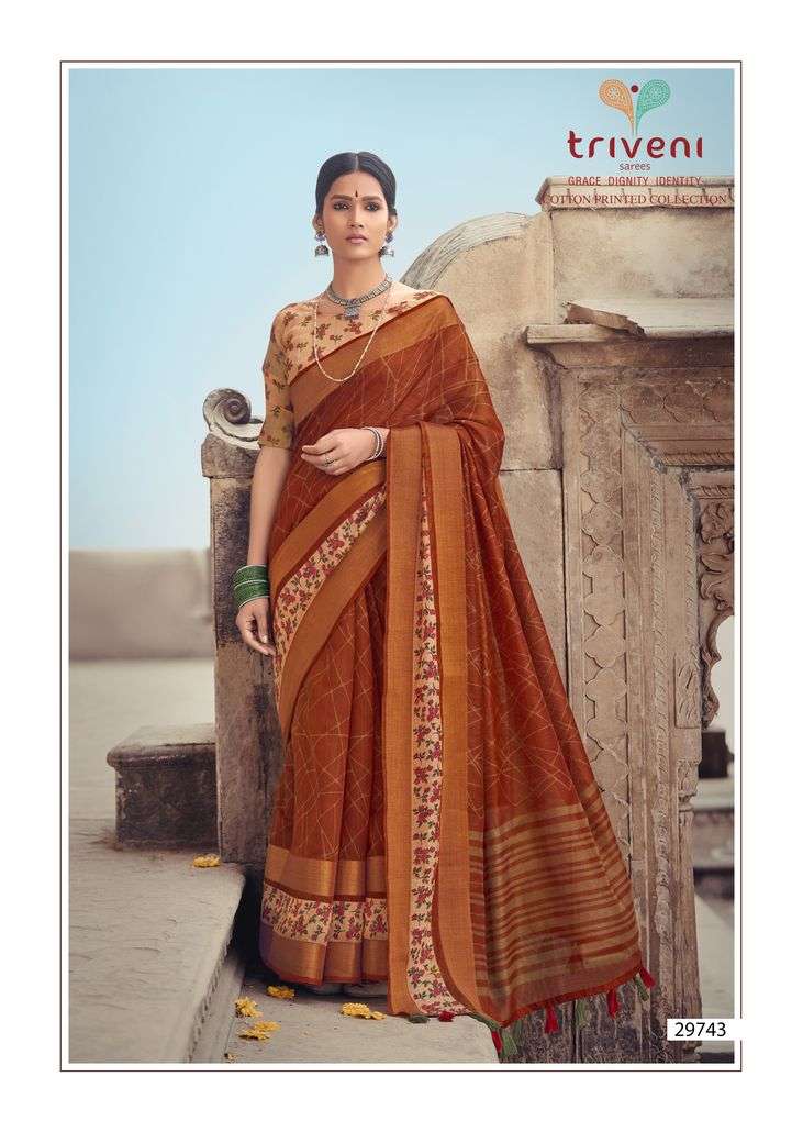 GANGA JAMUNA BY TRIVENI 29741 TO 29748 SERIES INDIAN TRADITIONAL WEAR COLLECTION BEAUTIFUL STYLISH FANCY COLORFUL PARTY WEAR & OCCASIONAL WEAR COTTON LINEN PRINT SAREES AT WHOLESALE PRICE