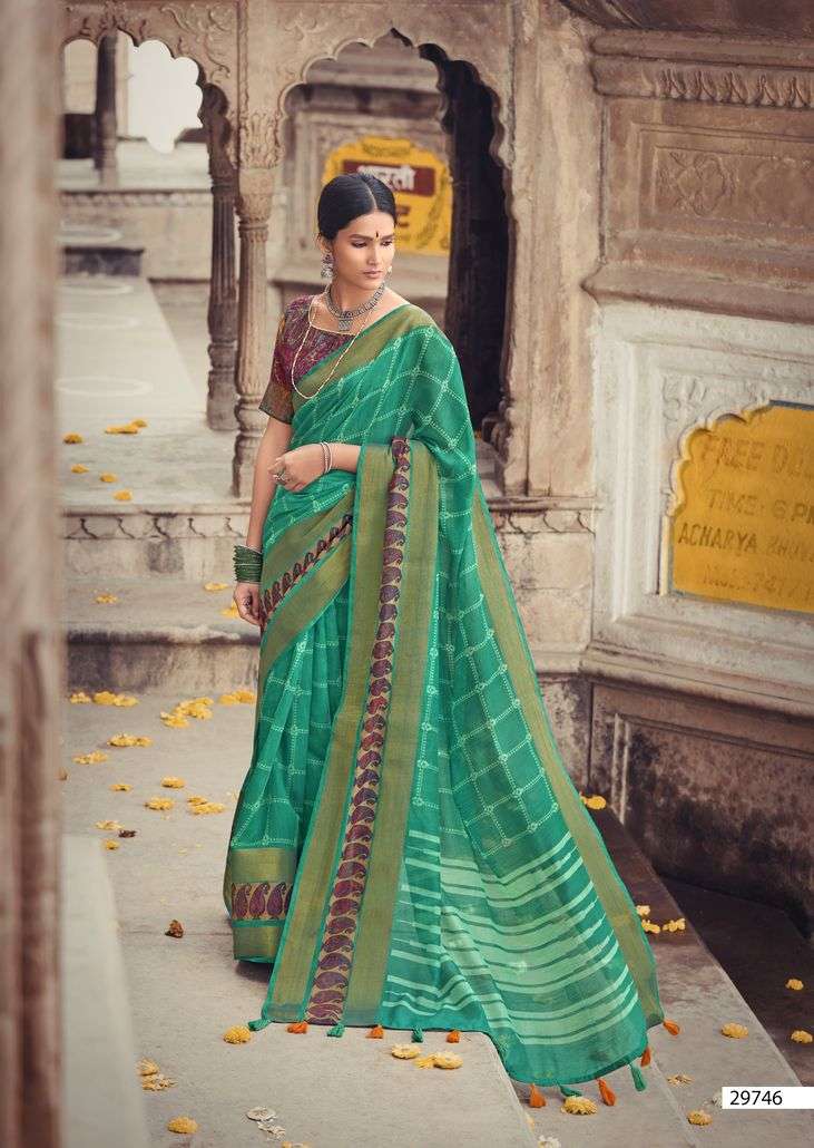 GANGA JAMUNA BY TRIVENI 29741 TO 29748 SERIES INDIAN TRADITIONAL WEAR COLLECTION BEAUTIFUL STYLISH FANCY COLORFUL PARTY WEAR & OCCASIONAL WEAR COTTON LINEN PRINT SAREES AT WHOLESALE PRICE
