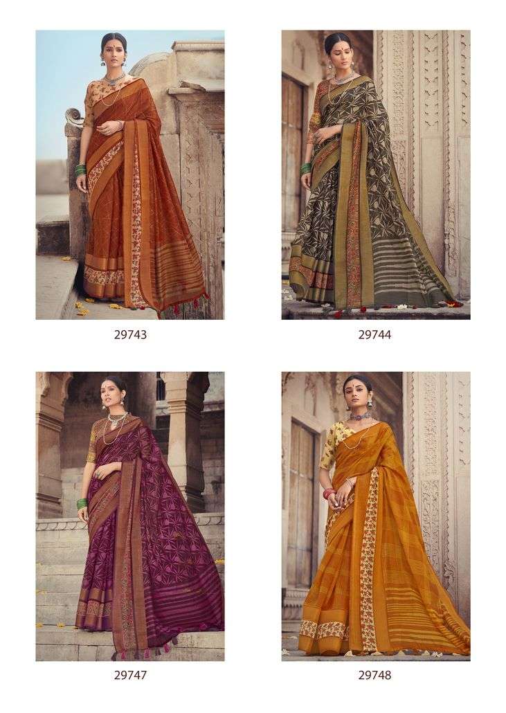 GANGA JAMUNA BY TRIVENI 29741 TO 29748 SERIES INDIAN TRADITIONAL WEAR COLLECTION BEAUTIFUL STYLISH FANCY COLORFUL PARTY WEAR & OCCASIONAL WEAR COTTON LINEN PRINT SAREES AT WHOLESALE PRICE
