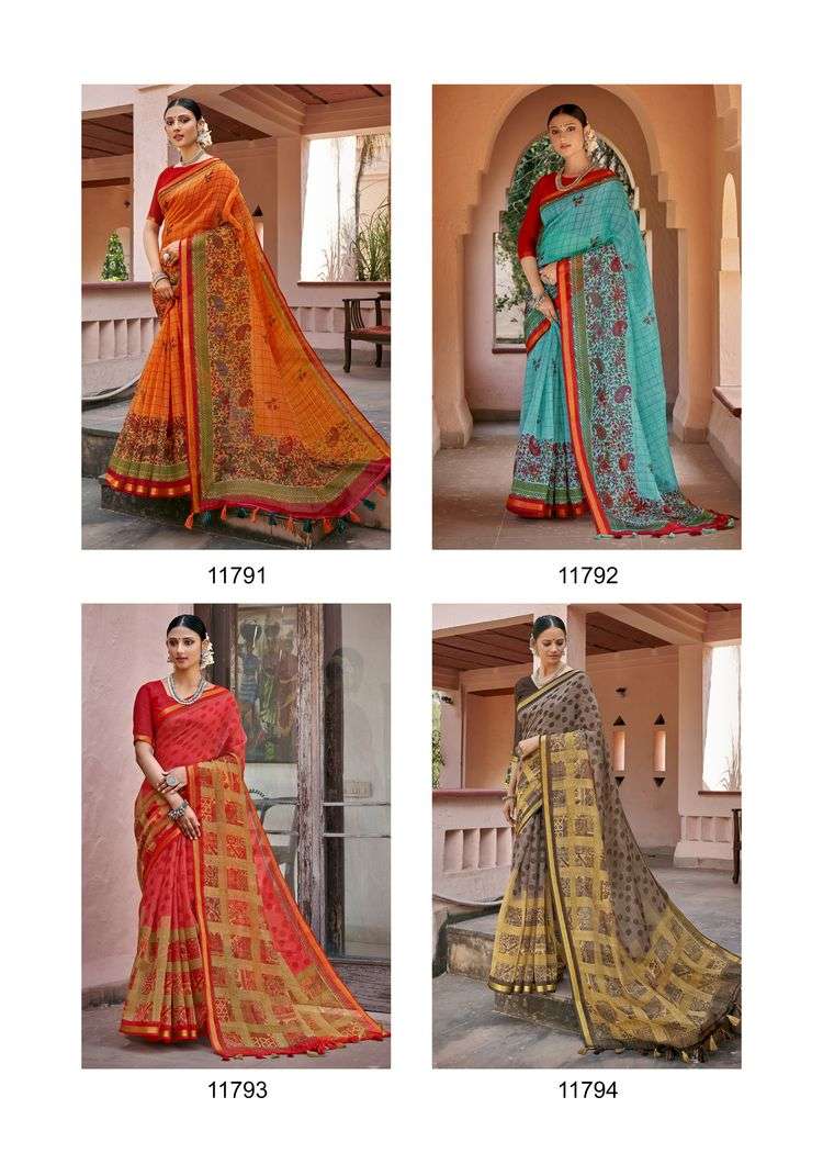 GLOBLE VOL-2 BY TRIVENI 11791 TO 11798 SERIES INDIAN TRADITIONAL WEAR COLLECTION BEAUTIFUL STYLISH FANCY COLORFUL PARTY WEAR & OCCASIONAL WEAR COTTON LINEN PRINT SAREES AT WHOLESALE PRICE