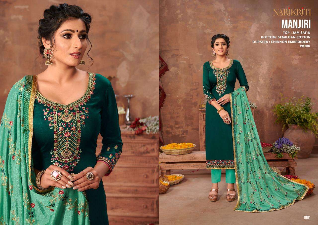 MANJIRI BY NARIKRITI 1001 TO 1006 SERIES BEAUTIFUL STYLISH SUITS FANCY COLORFUL CASUAL WEAR & ETHNIC WEAR & READY TO WEAR JAM SATIN DRESSES AT WHOLESALE PRICE