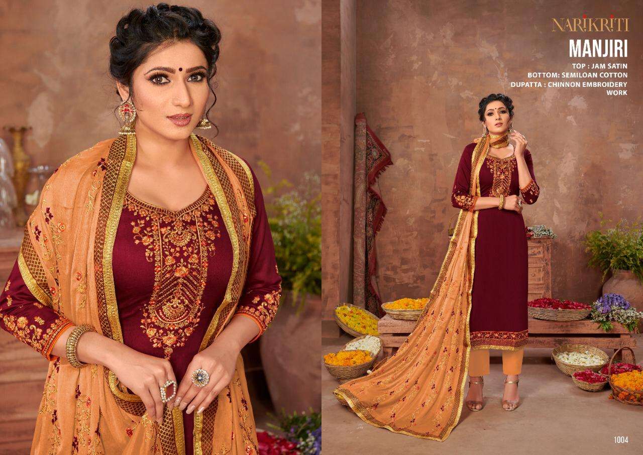 MANJIRI BY NARIKRITI 1001 TO 1006 SERIES BEAUTIFUL STYLISH SUITS FANCY COLORFUL CASUAL WEAR & ETHNIC WEAR & READY TO WEAR JAM SATIN DRESSES AT WHOLESALE PRICE