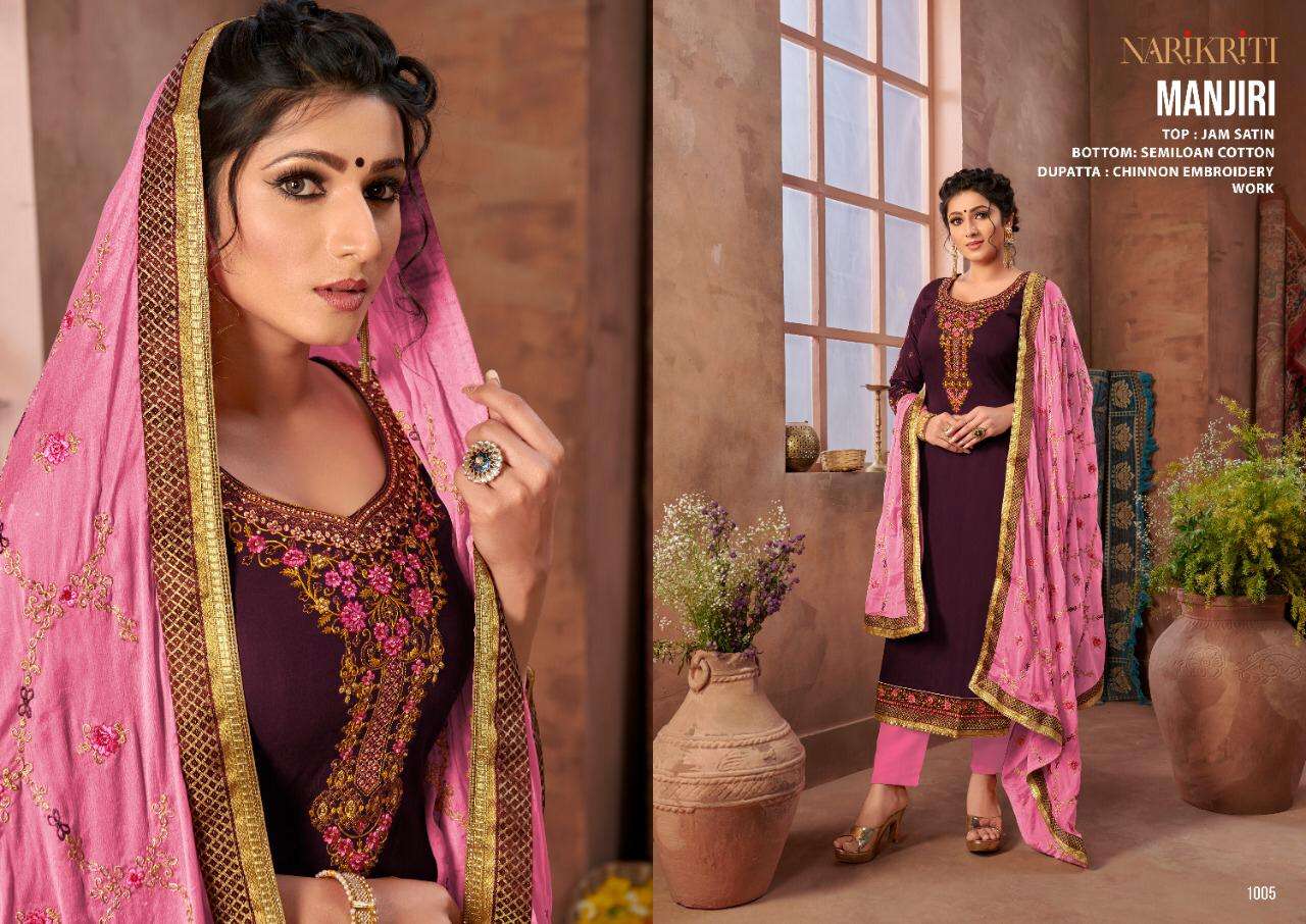 MANJIRI BY NARIKRITI 1001 TO 1006 SERIES BEAUTIFUL STYLISH SUITS FANCY COLORFUL CASUAL WEAR & ETHNIC WEAR & READY TO WEAR JAM SATIN DRESSES AT WHOLESALE PRICE