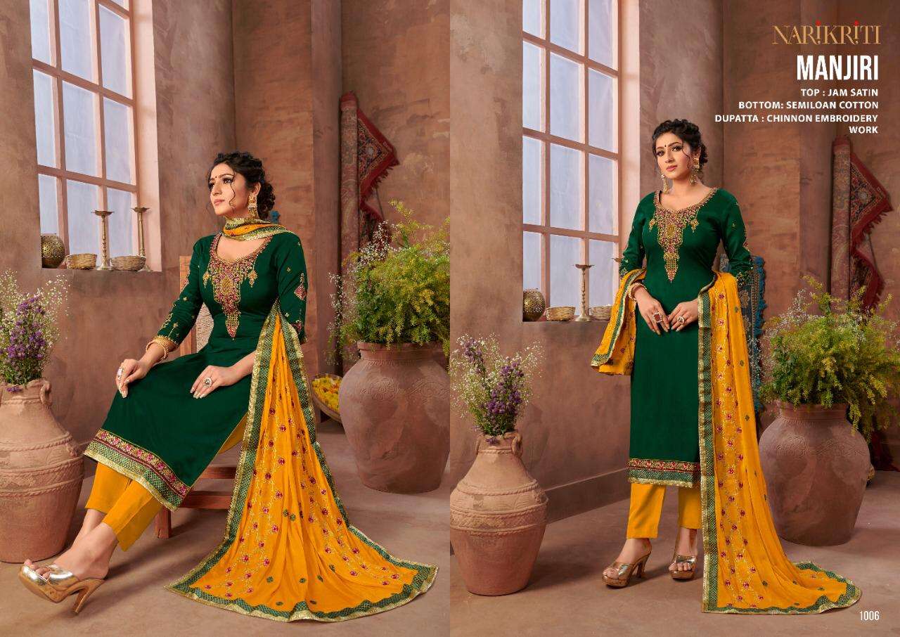 MANJIRI BY NARIKRITI 1001 TO 1006 SERIES BEAUTIFUL STYLISH SUITS FANCY COLORFUL CASUAL WEAR & ETHNIC WEAR & READY TO WEAR JAM SATIN DRESSES AT WHOLESALE PRICE
