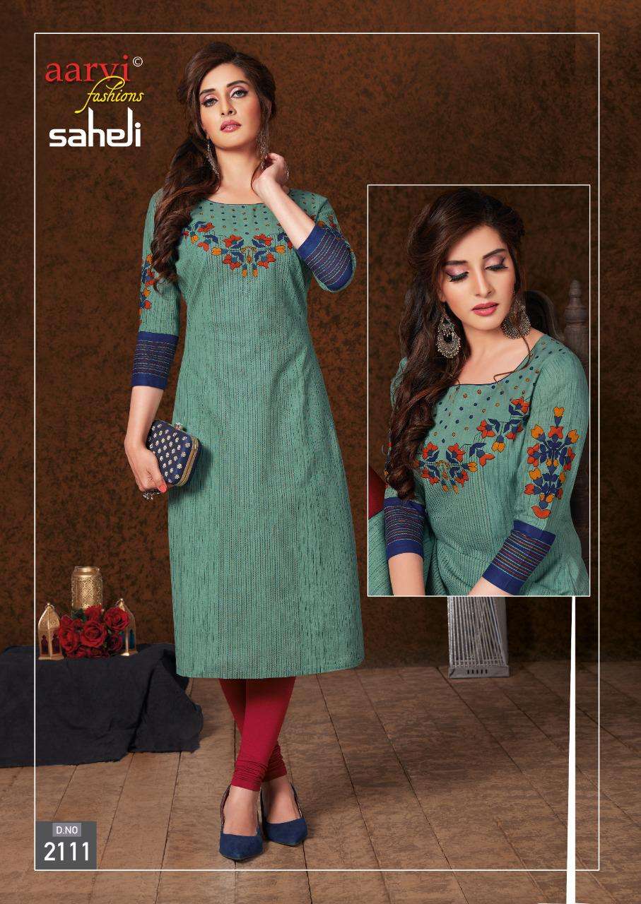 SAHELI VOL-11 BY AARVI FASHION 2101 TO 2115 SERIES BEAUTIFUL STYLISH FANCY COLORFUL CASUAL WEAR & ETHNIC WEAR & READY TO WEAR COTTON PRINTED KURTIS AT WHOLESALE PRICE