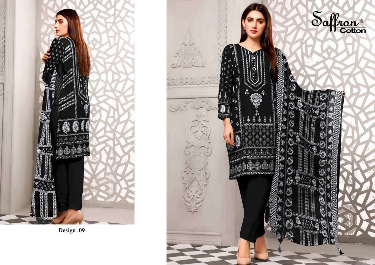 BLACK AND WHITE BY SAFFRON COTTON 01 TO 10 SERIES BEAUTIFUL SUITS COLORFUL STYLISH FANCY CASUAL WEAR & ETHNIC WEAR PURE CAMBRIC PRINT DRESSES AT WHOLESALE PRICE