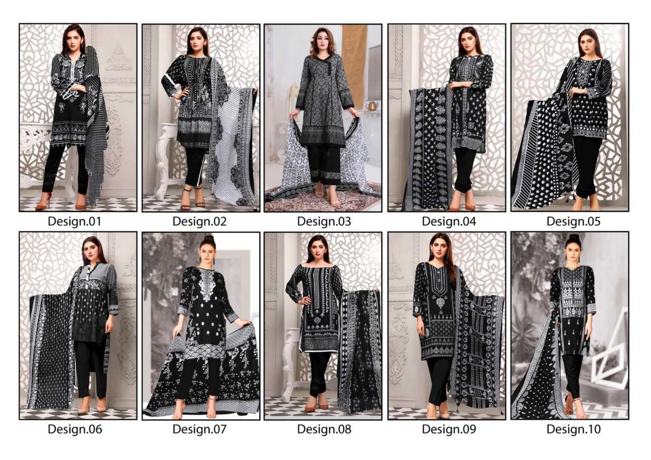 BLACK AND WHITE BY SAFFRON COTTON 01 TO 10 SERIES BEAUTIFUL SUITS COLORFUL STYLISH FANCY CASUAL WEAR & ETHNIC WEAR PURE CAMBRIC PRINT DRESSES AT WHOLESALE PRICE