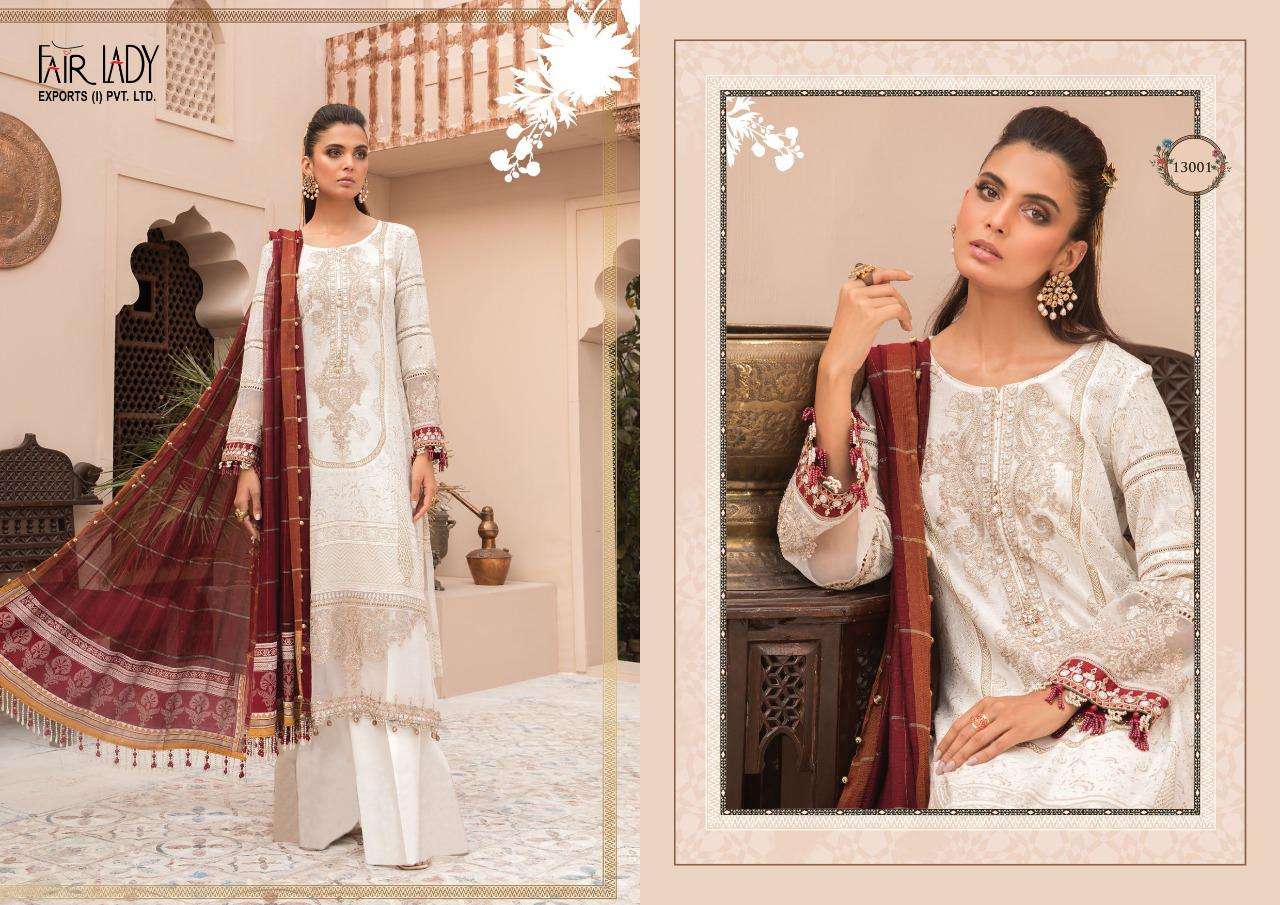 MARIA.B. LAWN 13001 SERIES BY FAIR LADY 13001 TO 13007 SERIES DESIGNER FESTIVE PAKISTANI SUITS COLLECTION BEAUTIFUL STYLISH FANCY COLORFUL PARTY WEAR & OCCASIONAL WEAR LAWN COTTON PRINT WITH EMBROIDERED DRESSES AT WHOLESALE PRICE