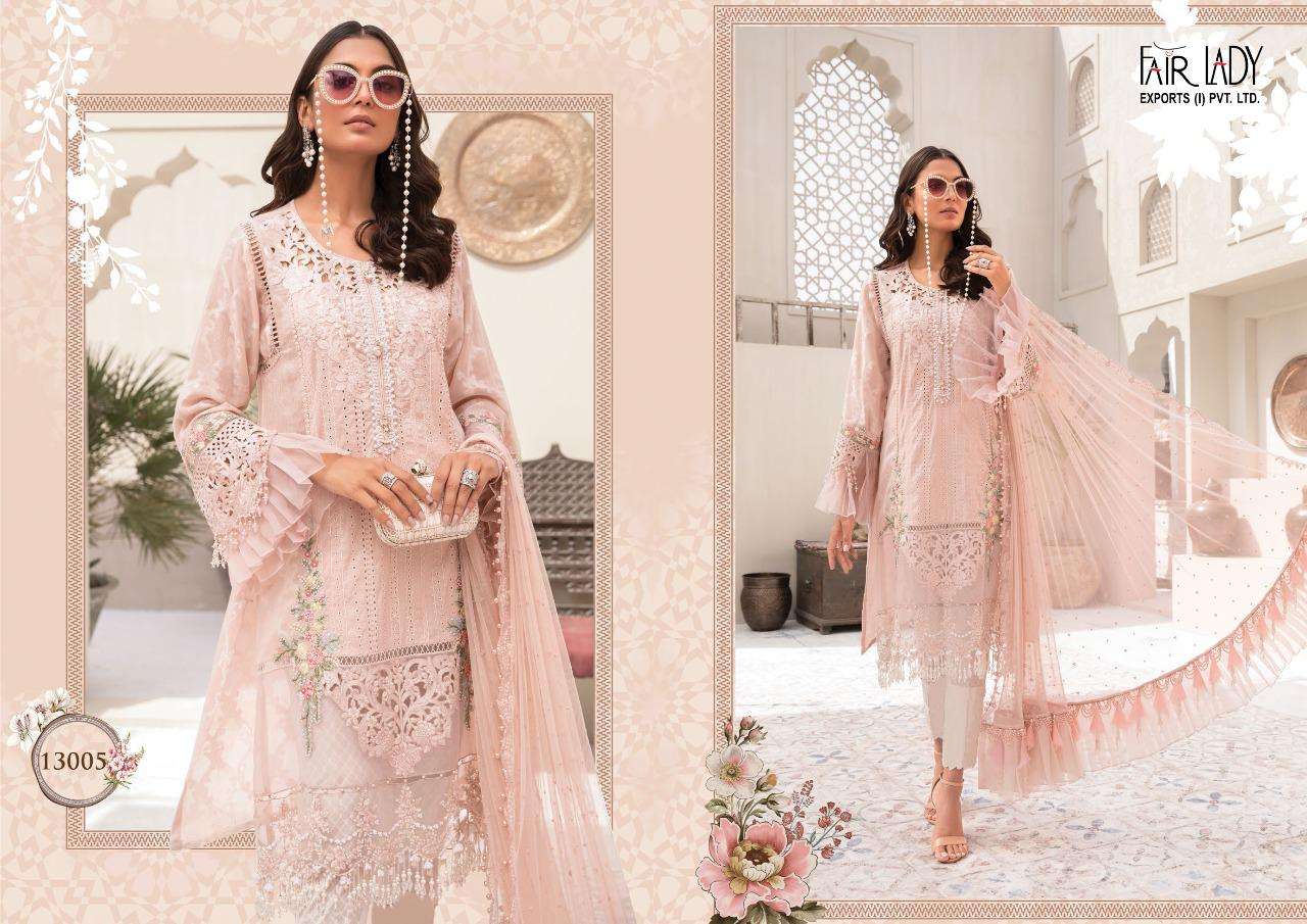 MARIA.B. LAWN 13001 SERIES BY FAIR LADY 13001 TO 13007 SERIES DESIGNER FESTIVE PAKISTANI SUITS COLLECTION BEAUTIFUL STYLISH FANCY COLORFUL PARTY WEAR & OCCASIONAL WEAR LAWN COTTON PRINT WITH EMBROIDERED DRESSES AT WHOLESALE PRICE