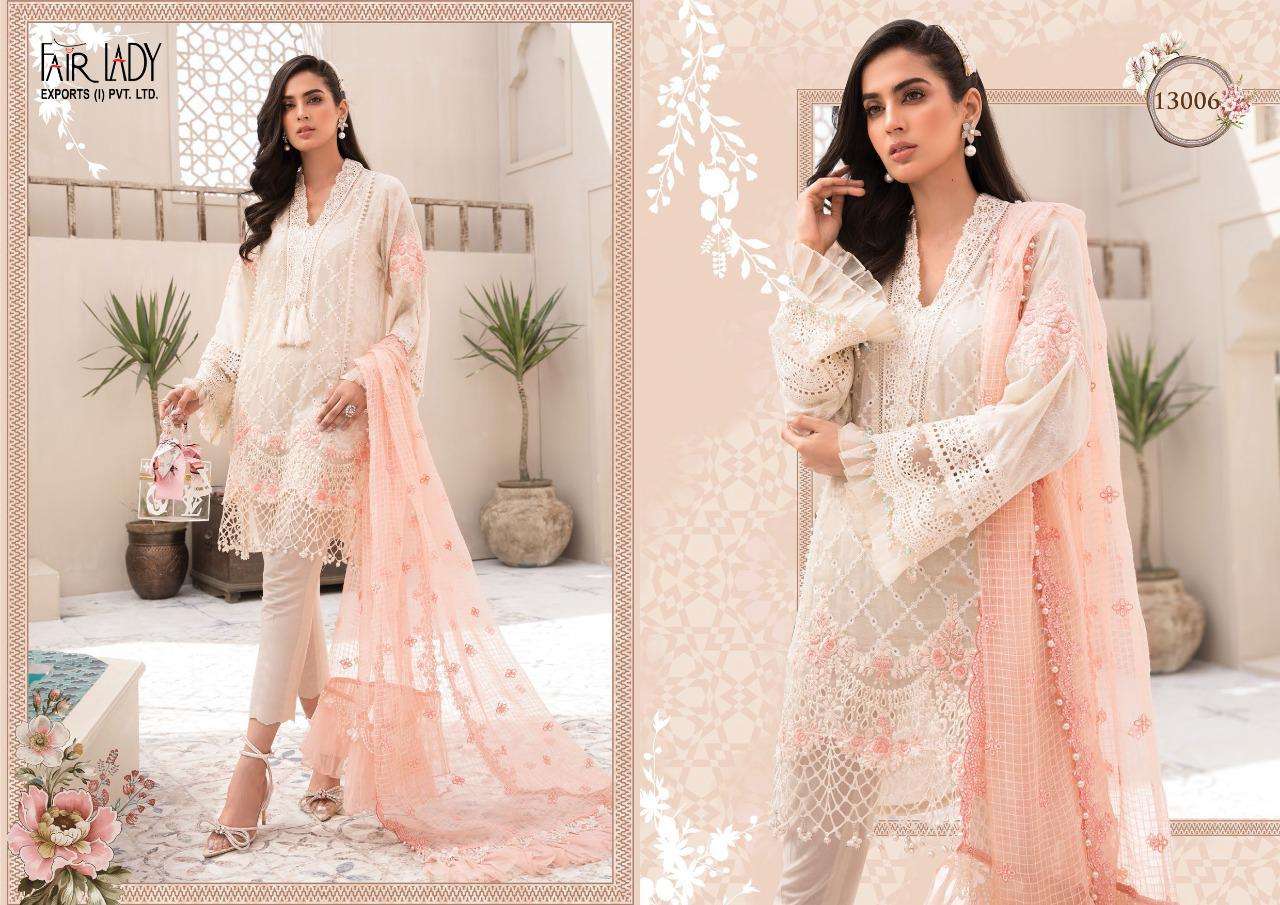 MARIA.B. LAWN 13001 SERIES BY FAIR LADY 13001 TO 13007 SERIES DESIGNER FESTIVE PAKISTANI SUITS COLLECTION BEAUTIFUL STYLISH FANCY COLORFUL PARTY WEAR & OCCASIONAL WEAR LAWN COTTON PRINT WITH EMBROIDERED DRESSES AT WHOLESALE PRICE