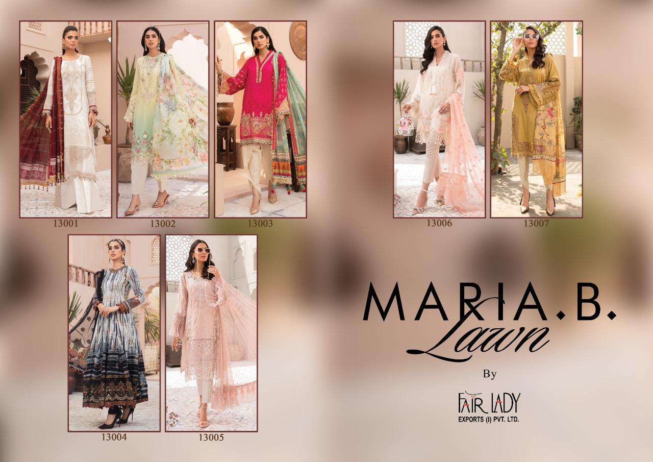 MARIA.B. LAWN 13001 SERIES BY FAIR LADY 13001 TO 13007 SERIES DESIGNER FESTIVE PAKISTANI SUITS COLLECTION BEAUTIFUL STYLISH FANCY COLORFUL PARTY WEAR & OCCASIONAL WEAR LAWN COTTON PRINT WITH EMBROIDERED DRESSES AT WHOLESALE PRICE