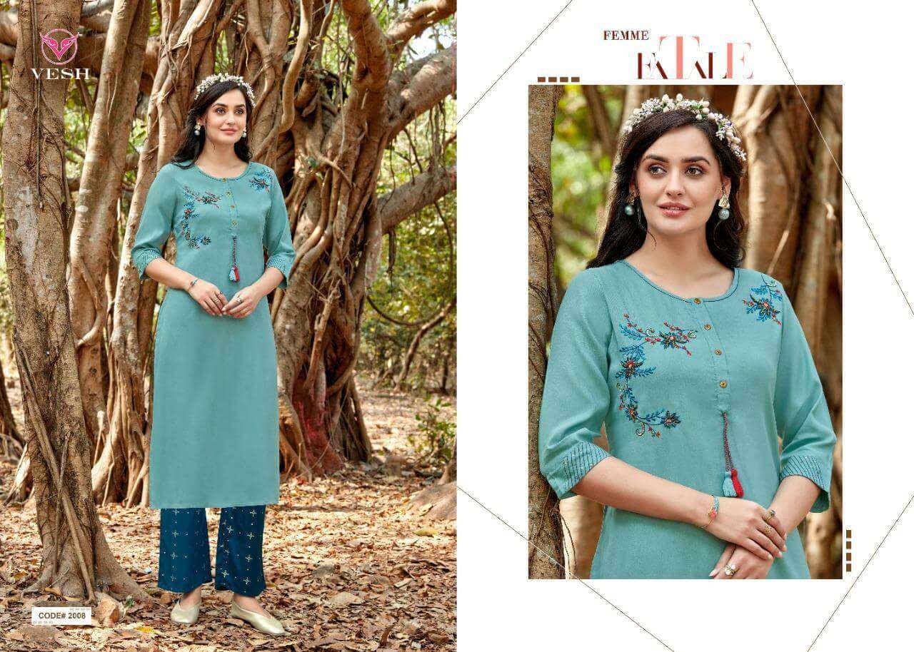 HEENA BY VESH 2001 TO 2008 SERIES DESIGNER STYLISH FANCY COLORFUL BEAUTIFUL PARTY WEAR & ETHNIC WEAR COLLECTION RAYON KHATLI WORK KURTIS WITH BOTTOM AT WHOLESALE PRICE