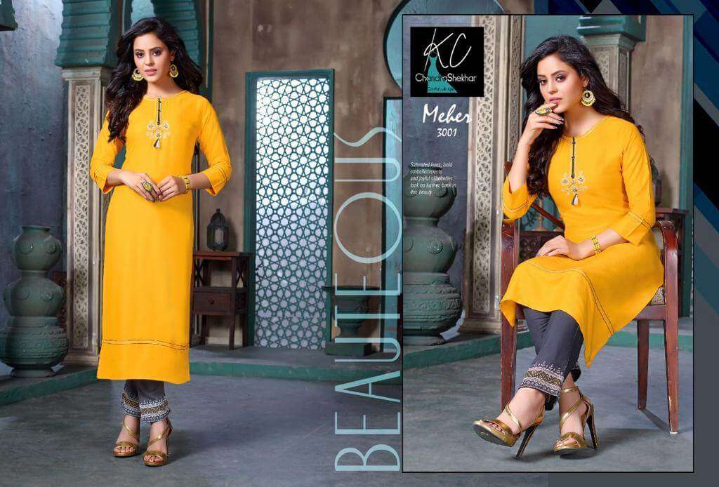 MEHER VOL-3 BY KC 3001 TO 3008 SERIES DESIGNER STYLISH FANCY COLORFUL BEAUTIFUL PARTY WEAR & ETHNIC WEAR COLLECTION RAYON EMBROIDERY KURTIS WITH BOTTOM AT WHOLESALE PRICE
