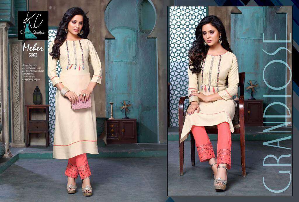 MEHER VOL-3 BY KC 3001 TO 3008 SERIES DESIGNER STYLISH FANCY COLORFUL BEAUTIFUL PARTY WEAR & ETHNIC WEAR COLLECTION RAYON EMBROIDERY KURTIS WITH BOTTOM AT WHOLESALE PRICE