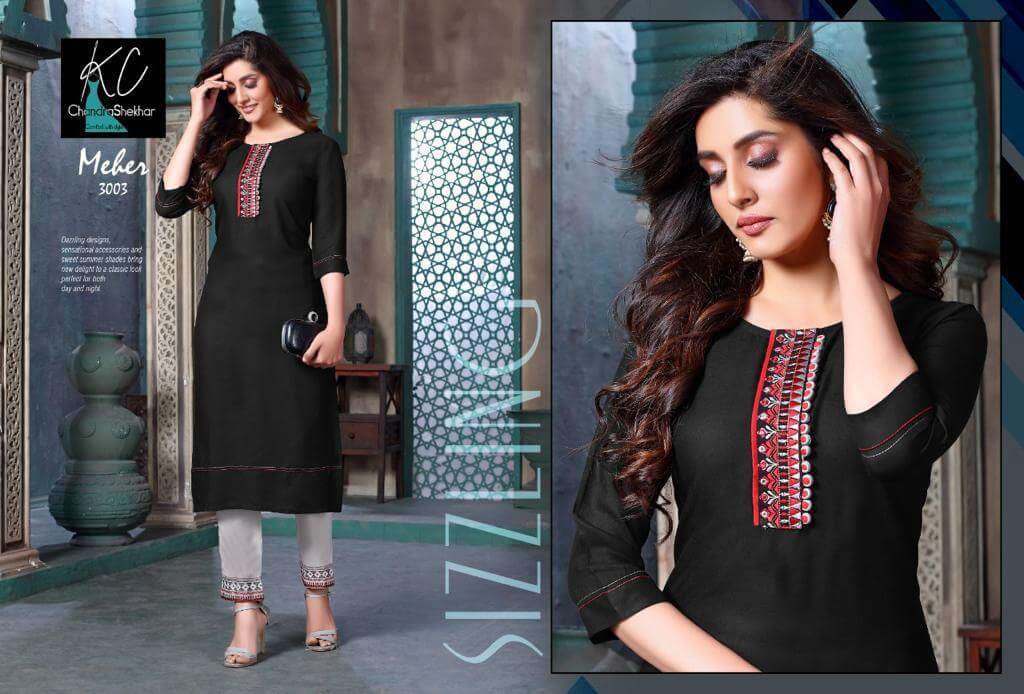 MEHER VOL-3 BY KC 3001 TO 3008 SERIES DESIGNER STYLISH FANCY COLORFUL BEAUTIFUL PARTY WEAR & ETHNIC WEAR COLLECTION RAYON EMBROIDERY KURTIS WITH BOTTOM AT WHOLESALE PRICE