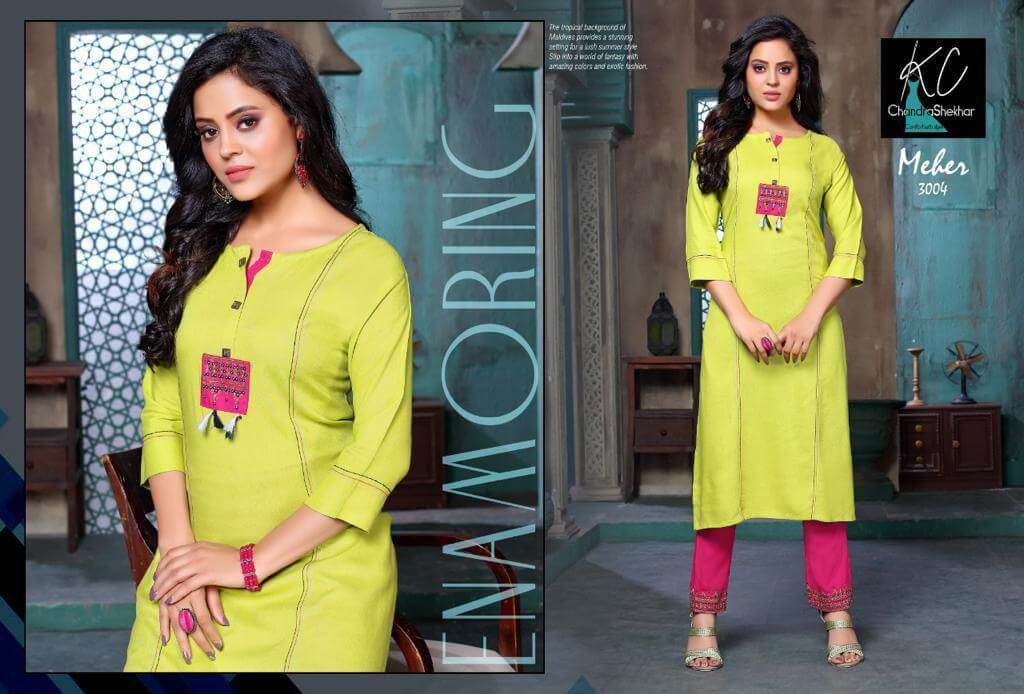MEHER VOL-3 BY KC 3001 TO 3008 SERIES DESIGNER STYLISH FANCY COLORFUL BEAUTIFUL PARTY WEAR & ETHNIC WEAR COLLECTION RAYON EMBROIDERY KURTIS WITH BOTTOM AT WHOLESALE PRICE