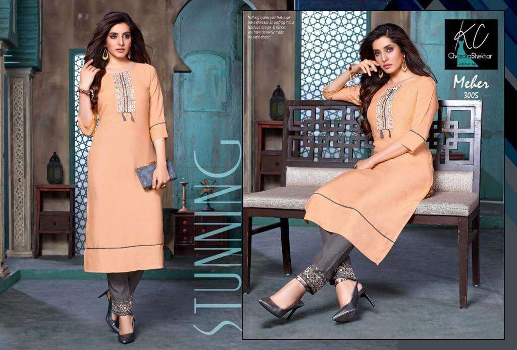 MEHER VOL-3 BY KC 3001 TO 3008 SERIES DESIGNER STYLISH FANCY COLORFUL BEAUTIFUL PARTY WEAR & ETHNIC WEAR COLLECTION RAYON EMBROIDERY KURTIS WITH BOTTOM AT WHOLESALE PRICE