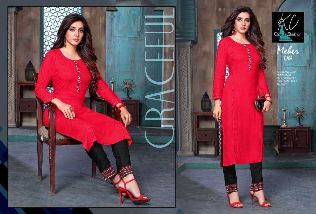MEHER VOL-3 BY KC 3001 TO 3008 SERIES DESIGNER STYLISH FANCY COLORFUL BEAUTIFUL PARTY WEAR & ETHNIC WEAR COLLECTION RAYON EMBROIDERY KURTIS WITH BOTTOM AT WHOLESALE PRICE