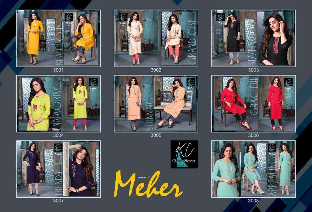 MEHER VOL-3 BY KC 3001 TO 3008 SERIES DESIGNER STYLISH FANCY COLORFUL BEAUTIFUL PARTY WEAR & ETHNIC WEAR COLLECTION RAYON EMBROIDERY KURTIS WITH BOTTOM AT WHOLESALE PRICE