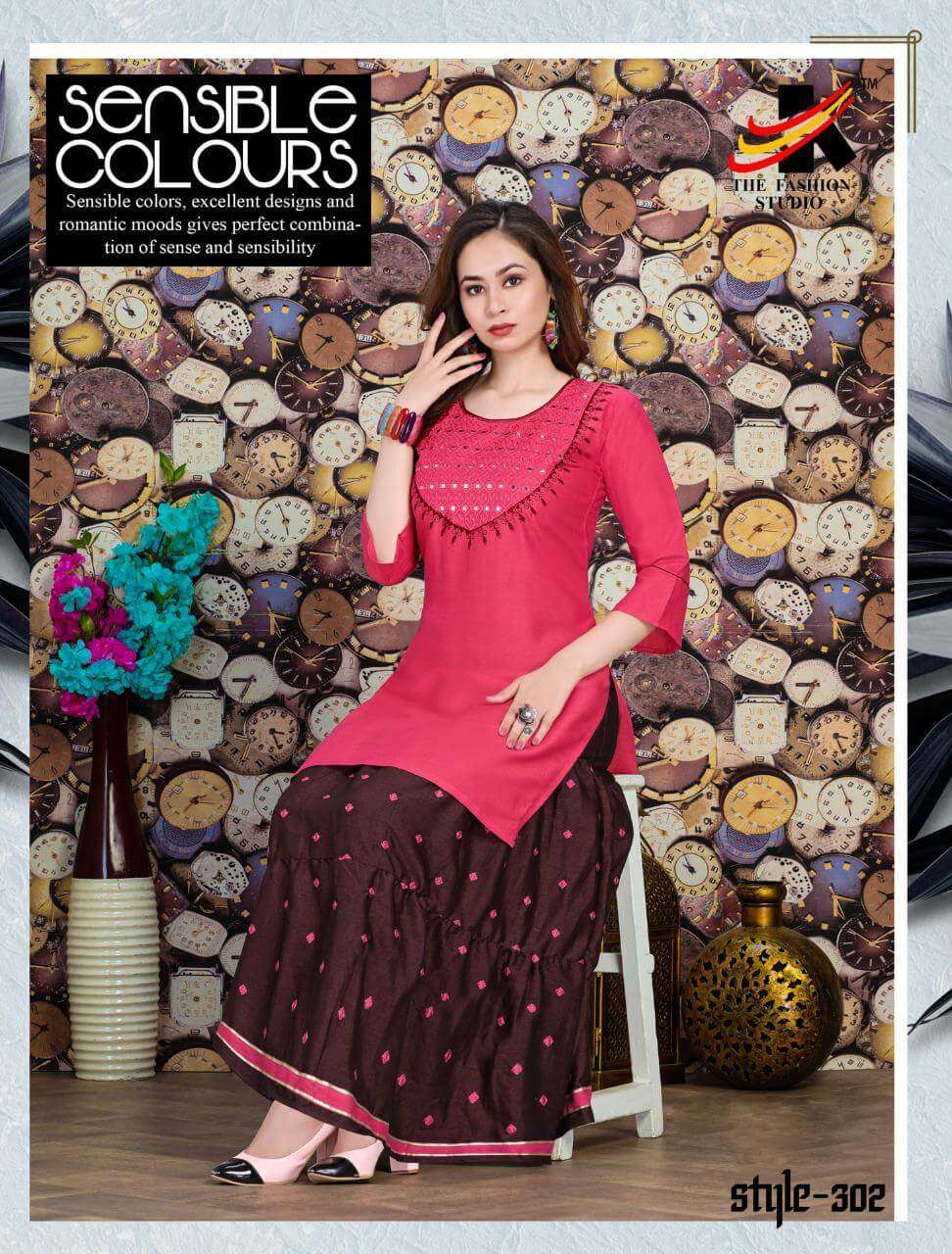 CLASSIC BY THE FASHION STUDIO 301 TO 308 SERIES DESIGNER STYLISH FANCY COLORFUL BEAUTIFUL PARTY WEAR & ETHNIC WEAR COLLECTION RAYON TWO TONE KURTIS WITH BOTTOM AT WHOLESALE PRICE