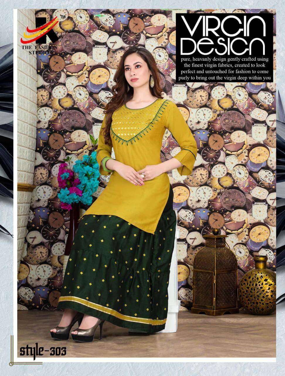 CLASSIC BY THE FASHION STUDIO 301 TO 308 SERIES DESIGNER STYLISH FANCY COLORFUL BEAUTIFUL PARTY WEAR & ETHNIC WEAR COLLECTION RAYON TWO TONE KURTIS WITH BOTTOM AT WHOLESALE PRICE