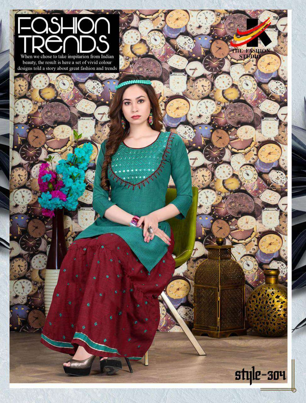 CLASSIC BY THE FASHION STUDIO 301 TO 308 SERIES DESIGNER STYLISH FANCY COLORFUL BEAUTIFUL PARTY WEAR & ETHNIC WEAR COLLECTION RAYON TWO TONE KURTIS WITH BOTTOM AT WHOLESALE PRICE