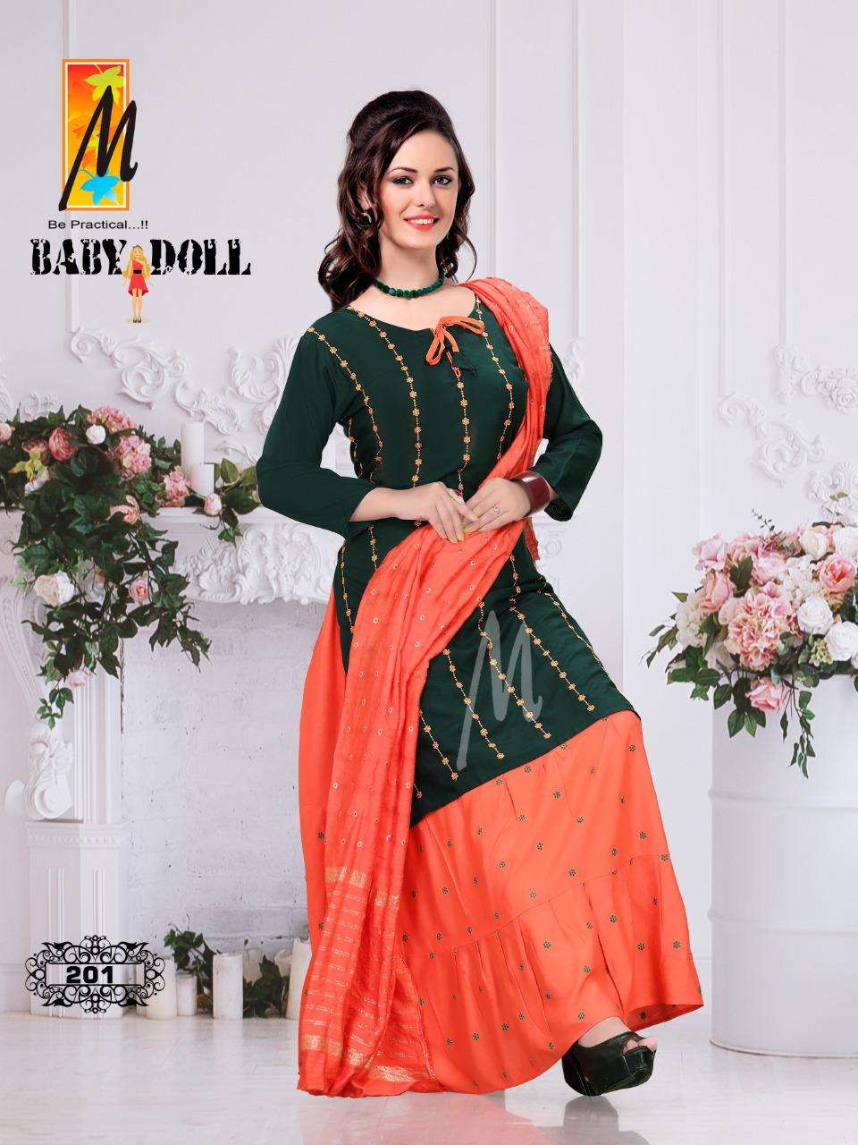 BABY DOLL BY M BE PRACTICAL 201 TO 208 SERIES BEAUTIFUL SHARARA SUITS COLORFUL STYLISH FANCY CASUAL WEAR & ETHNIC WEAR RAYON WORK DRESSES AT WHOLESALE PRICE