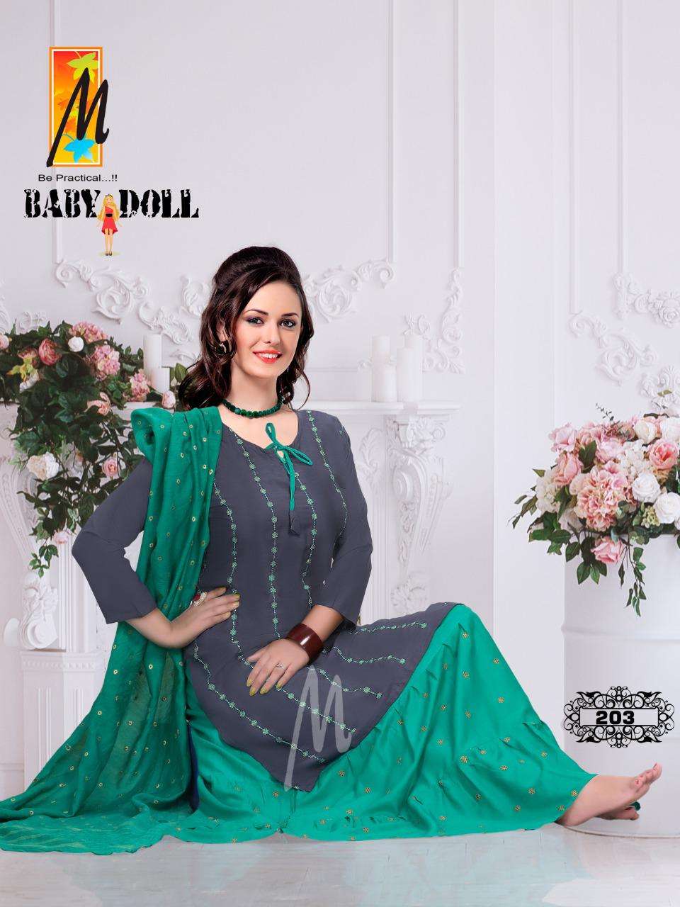 BABY DOLL BY M BE PRACTICAL 201 TO 208 SERIES BEAUTIFUL SHARARA SUITS COLORFUL STYLISH FANCY CASUAL WEAR & ETHNIC WEAR RAYON WORK DRESSES AT WHOLESALE PRICE