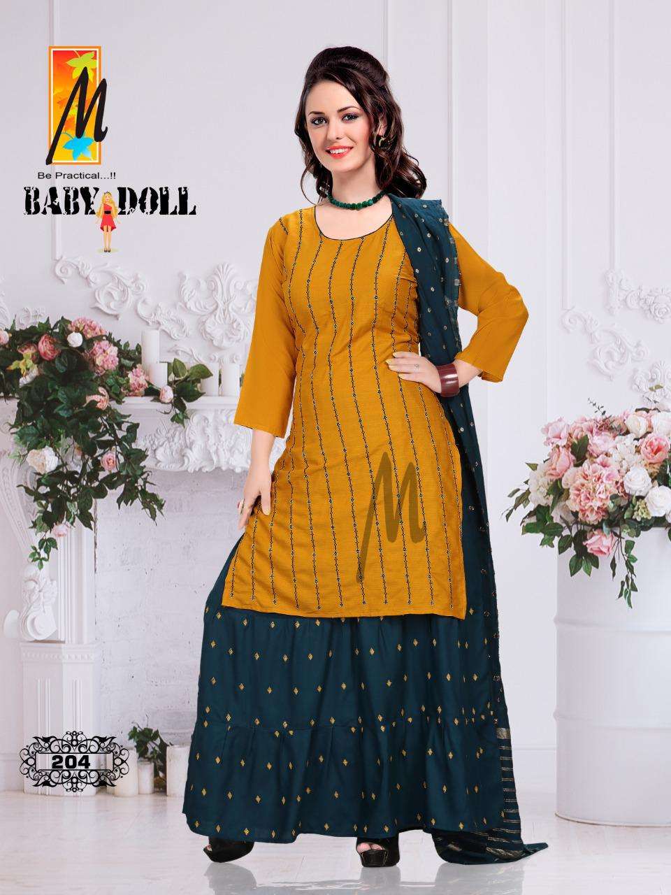 BABY DOLL BY M BE PRACTICAL 201 TO 208 SERIES BEAUTIFUL SHARARA SUITS COLORFUL STYLISH FANCY CASUAL WEAR & ETHNIC WEAR RAYON WORK DRESSES AT WHOLESALE PRICE