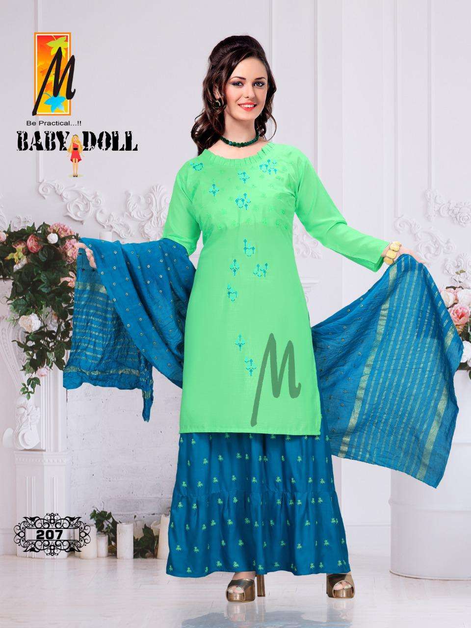 BABY DOLL BY M BE PRACTICAL 201 TO 208 SERIES BEAUTIFUL SHARARA SUITS COLORFUL STYLISH FANCY CASUAL WEAR & ETHNIC WEAR RAYON WORK DRESSES AT WHOLESALE PRICE