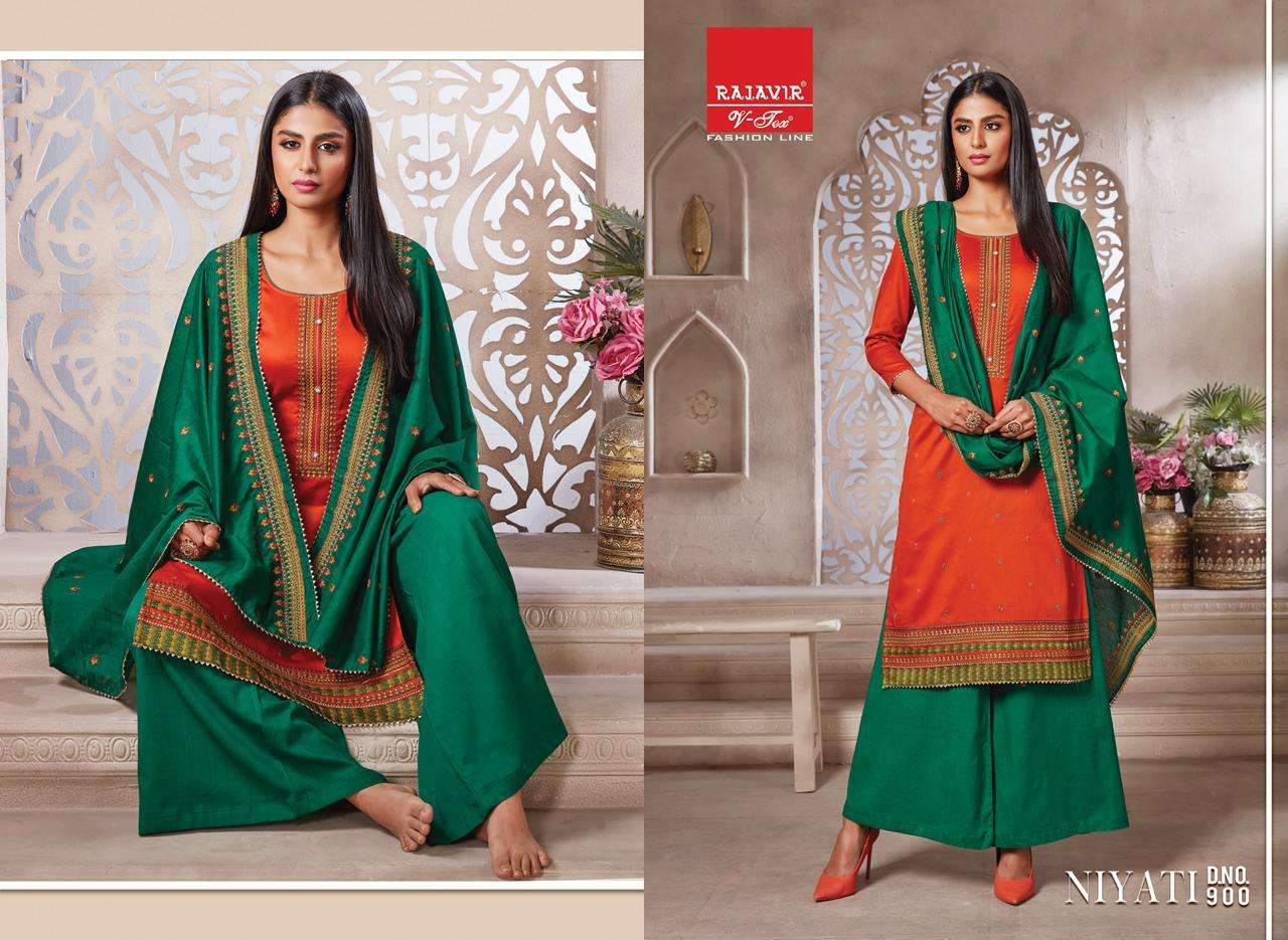 NIYATI BY RAJAVIR FASHION LINE 900 TO 908 SERIES BEAUTIFUL SUITS COLORFUL STYLISH FANCY CASUAL WEAR & ETHNIC WEAR PURE JAM SATIN EMBROIDERED DRESSES AT WHOLESALE PRICE