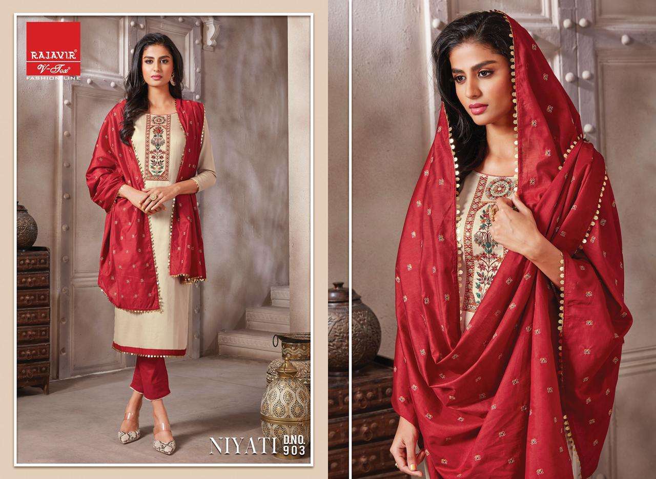 NIYATI BY RAJAVIR FASHION LINE 900 TO 908 SERIES BEAUTIFUL SUITS COLORFUL STYLISH FANCY CASUAL WEAR & ETHNIC WEAR PURE JAM SATIN EMBROIDERED DRESSES AT WHOLESALE PRICE