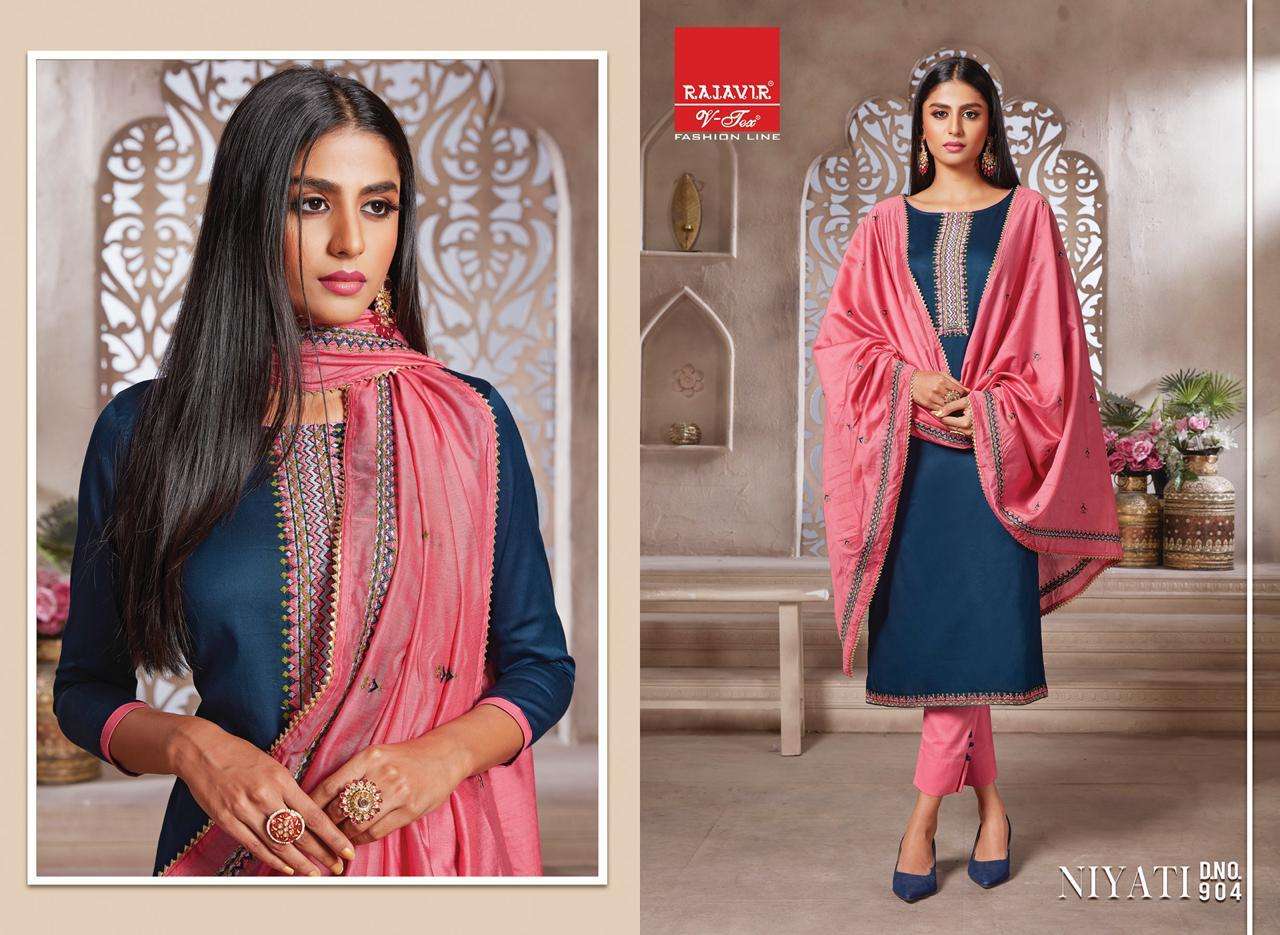 NIYATI BY RAJAVIR FASHION LINE 900 TO 908 SERIES BEAUTIFUL SUITS COLORFUL STYLISH FANCY CASUAL WEAR & ETHNIC WEAR PURE JAM SATIN EMBROIDERED DRESSES AT WHOLESALE PRICE