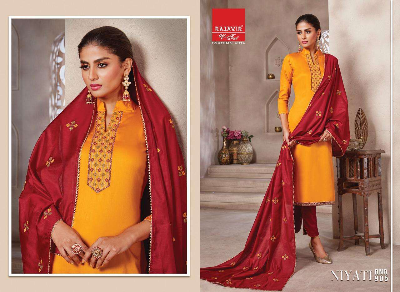 NIYATI BY RAJAVIR FASHION LINE 900 TO 908 SERIES BEAUTIFUL SUITS COLORFUL STYLISH FANCY CASUAL WEAR & ETHNIC WEAR PURE JAM SATIN EMBROIDERED DRESSES AT WHOLESALE PRICE