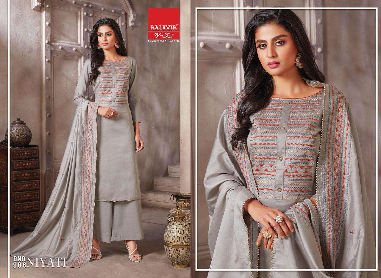 NIYATI BY RAJAVIR FASHION LINE 900 TO 908 SERIES BEAUTIFUL SUITS COLORFUL STYLISH FANCY CASUAL WEAR & ETHNIC WEAR PURE JAM SATIN EMBROIDERED DRESSES AT WHOLESALE PRICE