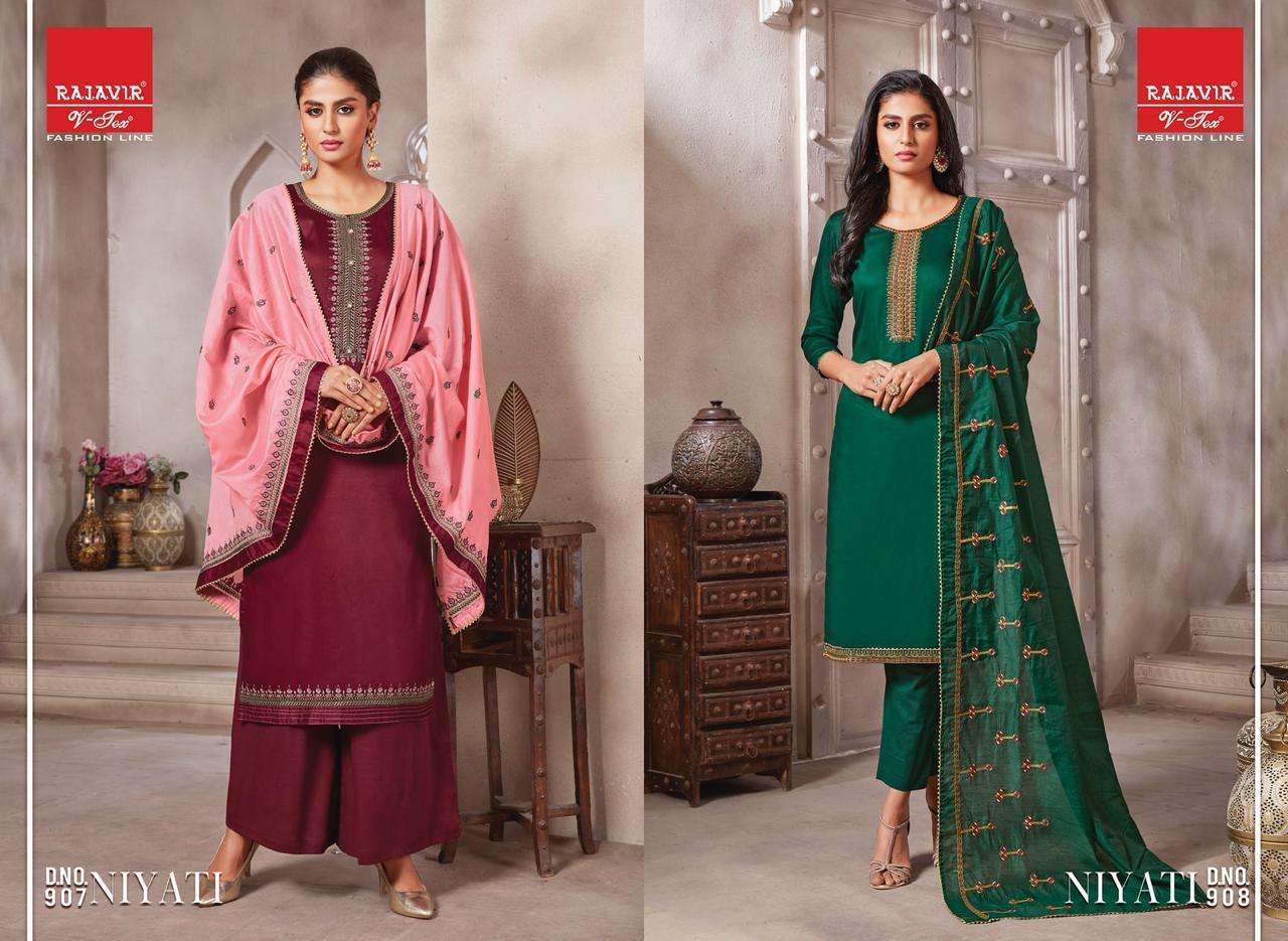 NIYATI BY RAJAVIR FASHION LINE 900 TO 908 SERIES BEAUTIFUL SUITS COLORFUL STYLISH FANCY CASUAL WEAR & ETHNIC WEAR PURE JAM SATIN EMBROIDERED DRESSES AT WHOLESALE PRICE