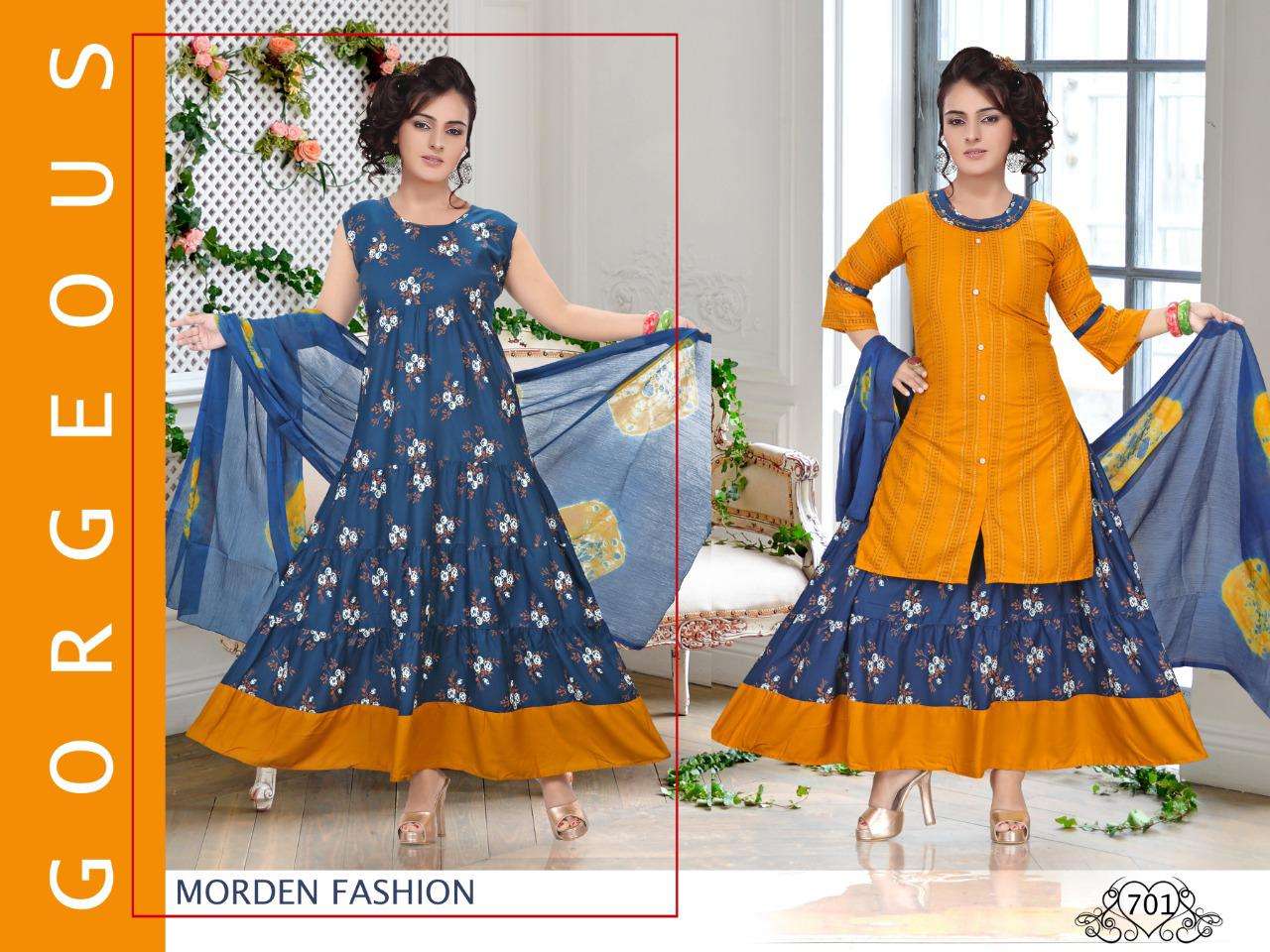 MELODY BY K9 701 TO 706 SERIES DESIGNER BEAUTIFUL STYLISH FANCY COLORFUL PARTY WEAR & OCCASIONAL WEAR HEAVY RAYON PRINT GOWNS WITH DUPATTA AT WHOLESALE PRICE