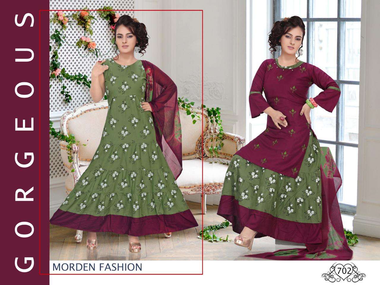 MELODY BY K9 701 TO 706 SERIES DESIGNER BEAUTIFUL STYLISH FANCY COLORFUL PARTY WEAR & OCCASIONAL WEAR HEAVY RAYON PRINT GOWNS WITH DUPATTA AT WHOLESALE PRICE