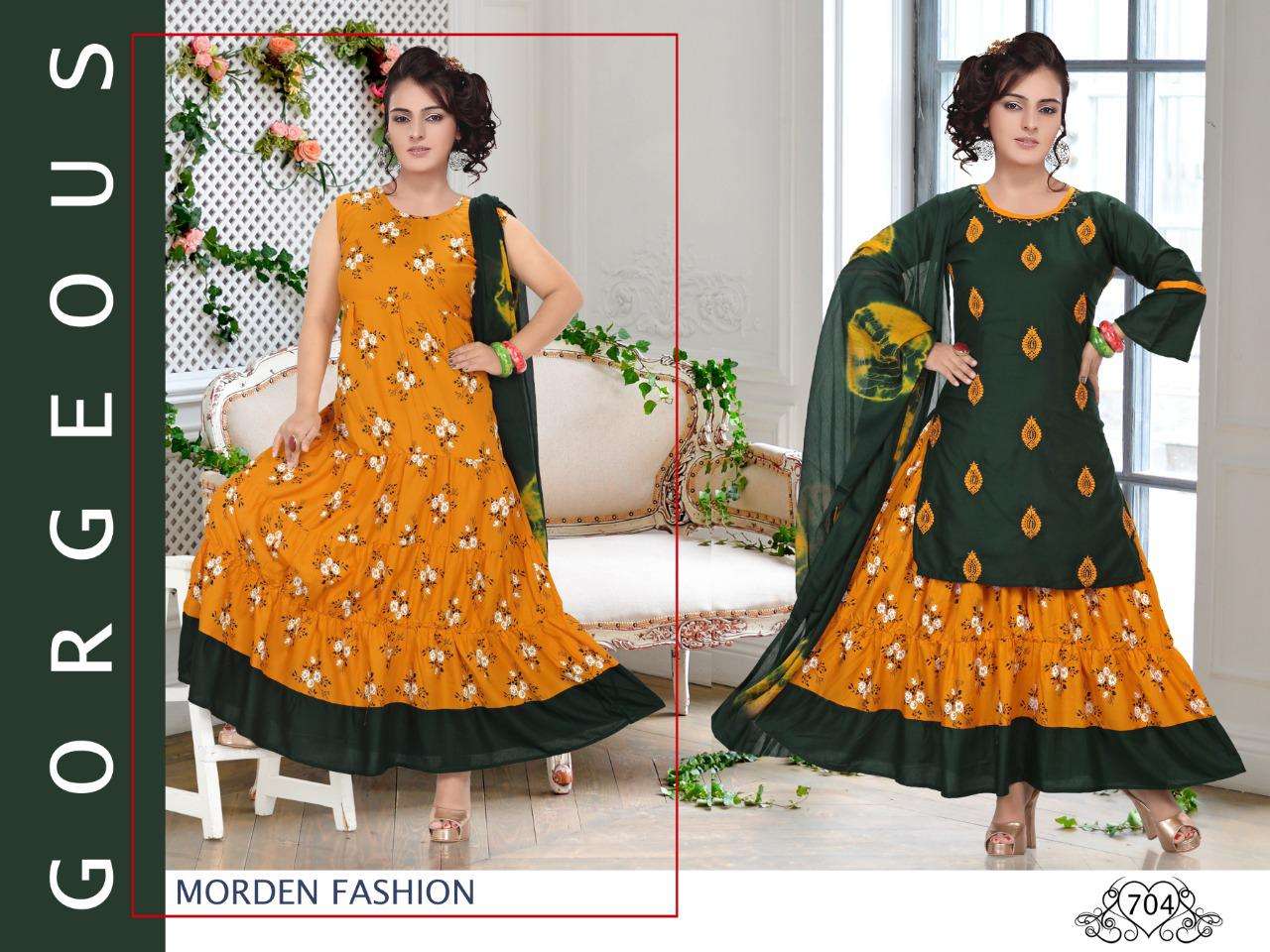 MELODY BY K9 701 TO 706 SERIES DESIGNER BEAUTIFUL STYLISH FANCY COLORFUL PARTY WEAR & OCCASIONAL WEAR HEAVY RAYON PRINT GOWNS WITH DUPATTA AT WHOLESALE PRICE