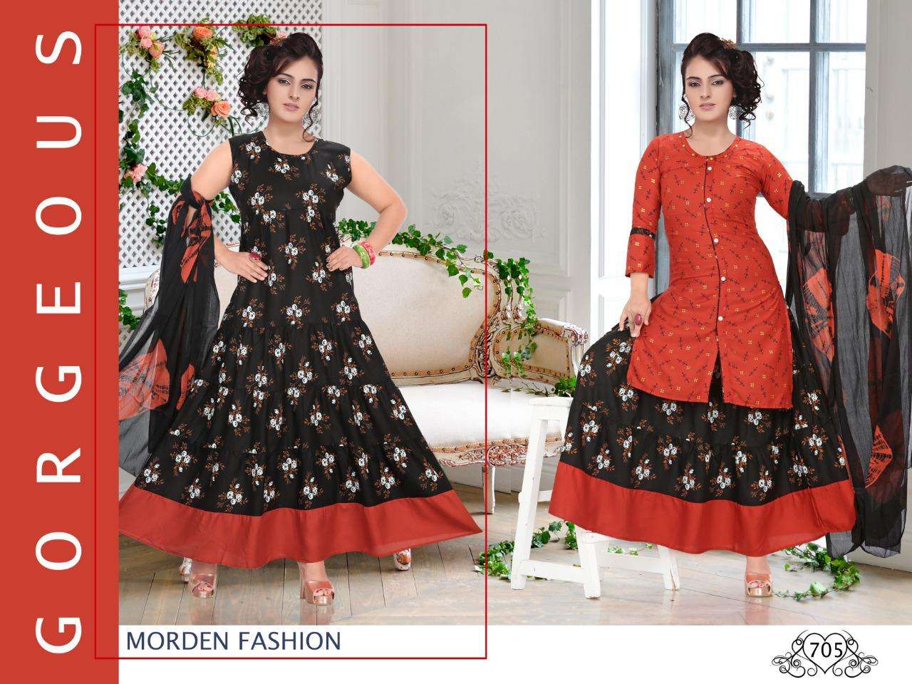 MELODY BY K9 701 TO 706 SERIES DESIGNER BEAUTIFUL STYLISH FANCY COLORFUL PARTY WEAR & OCCASIONAL WEAR HEAVY RAYON PRINT GOWNS WITH DUPATTA AT WHOLESALE PRICE