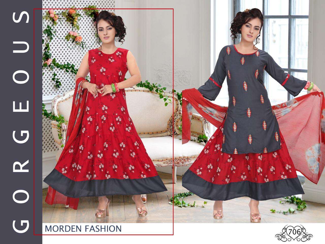 MELODY BY K9 701 TO 706 SERIES DESIGNER BEAUTIFUL STYLISH FANCY COLORFUL PARTY WEAR & OCCASIONAL WEAR HEAVY RAYON PRINT GOWNS WITH DUPATTA AT WHOLESALE PRICE