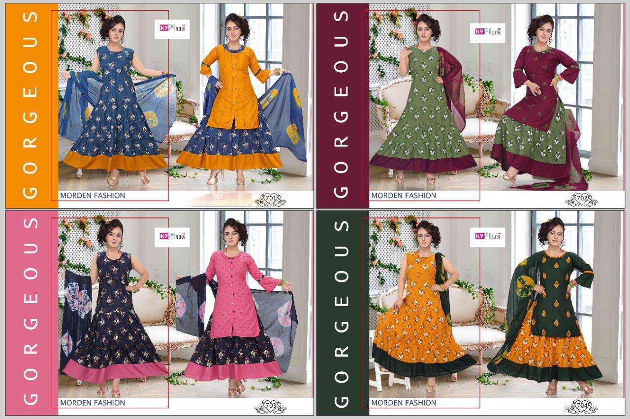 MELODY BY K9 701 TO 706 SERIES DESIGNER BEAUTIFUL STYLISH FANCY COLORFUL PARTY WEAR & OCCASIONAL WEAR HEAVY RAYON PRINT GOWNS WITH DUPATTA AT WHOLESALE PRICE