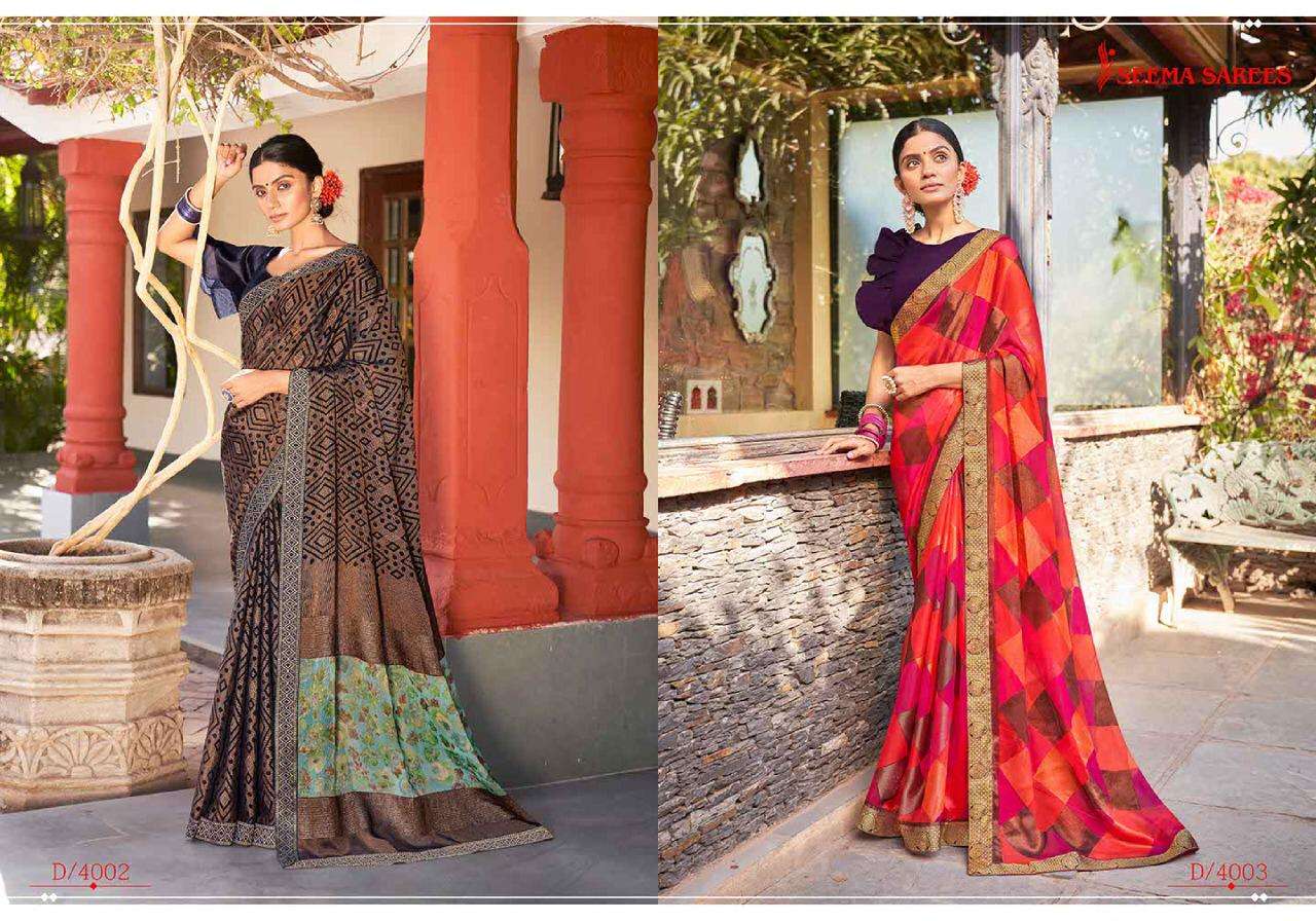 RUPA VOL-2 BY SEEMA SAREES 4001 TO 4010 SERIES INDIAN TRADITIONAL WEAR COLLECTION BEAUTIFUL STYLISH FANCY COLORFUL PARTY WEAR & OCCASIONAL WEAR CHIFFON BRASSO SAREES AT WHOLESALE PRICE