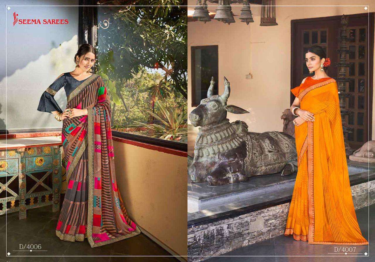 RUPA VOL-2 BY SEEMA SAREES 4001 TO 4010 SERIES INDIAN TRADITIONAL WEAR COLLECTION BEAUTIFUL STYLISH FANCY COLORFUL PARTY WEAR & OCCASIONAL WEAR CHIFFON BRASSO SAREES AT WHOLESALE PRICE