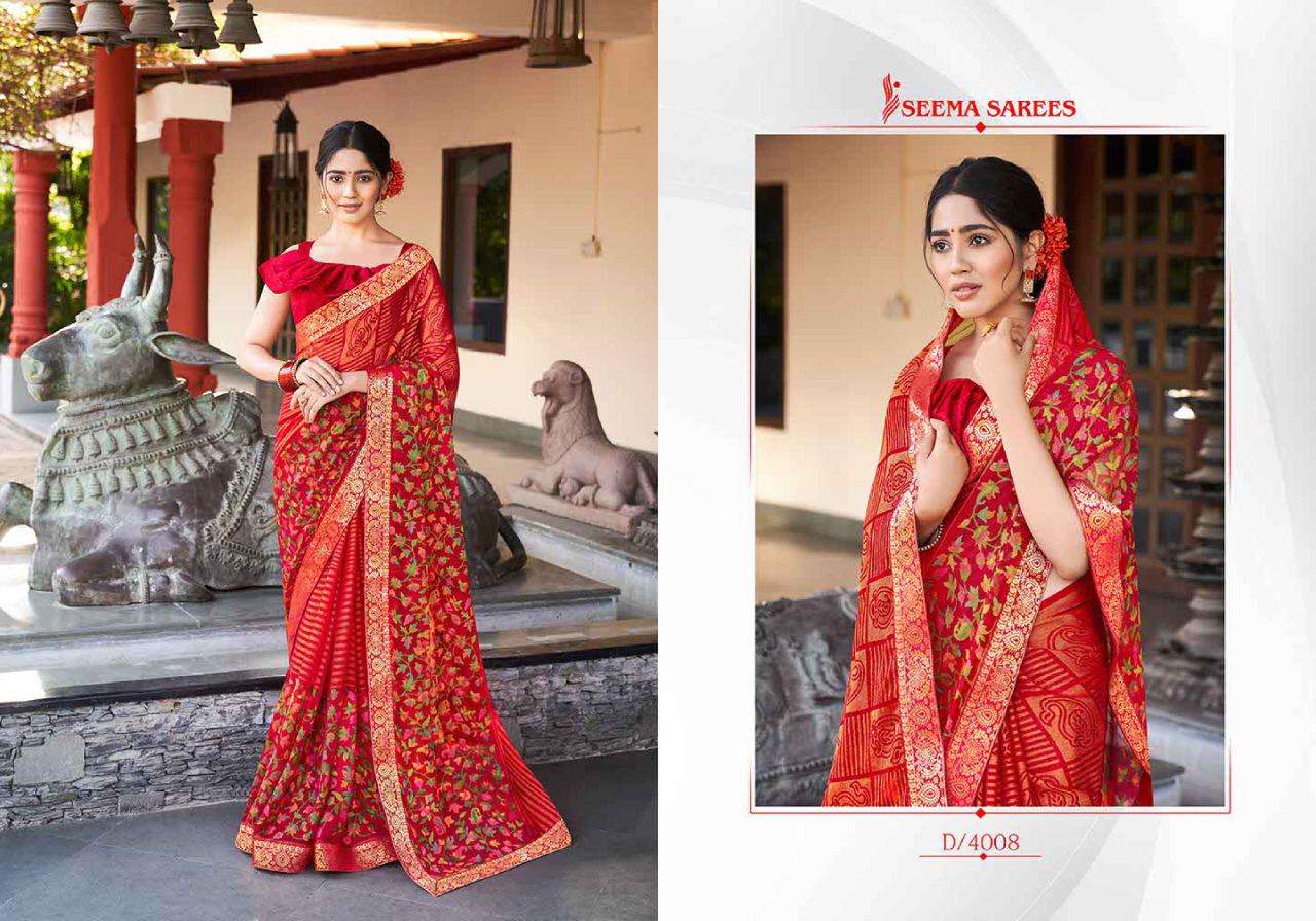 RUPA VOL-2 BY SEEMA SAREES 4001 TO 4010 SERIES INDIAN TRADITIONAL WEAR COLLECTION BEAUTIFUL STYLISH FANCY COLORFUL PARTY WEAR & OCCASIONAL WEAR CHIFFON BRASSO SAREES AT WHOLESALE PRICE