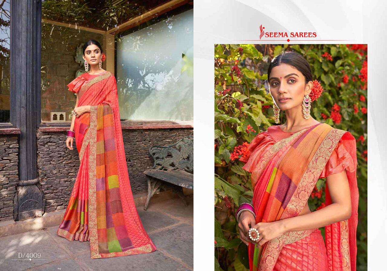 RUPA VOL-2 BY SEEMA SAREES 4001 TO 4010 SERIES INDIAN TRADITIONAL WEAR COLLECTION BEAUTIFUL STYLISH FANCY COLORFUL PARTY WEAR & OCCASIONAL WEAR CHIFFON BRASSO SAREES AT WHOLESALE PRICE