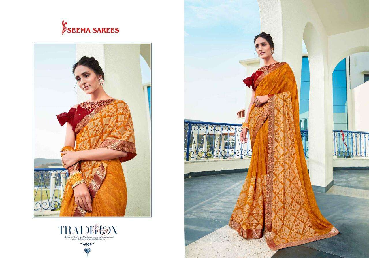 MANGLAM VOL-2 BY SEEMA SAREES 4001 TO 4010 SERIES INDIAN TRADITIONAL WEAR COLLECTION BEAUTIFUL STYLISH FANCY COLORFUL PARTY WEAR & OCCASIONAL WEAR HEAVY GEORGETTE SAREES AT WHOLESALE PRICE