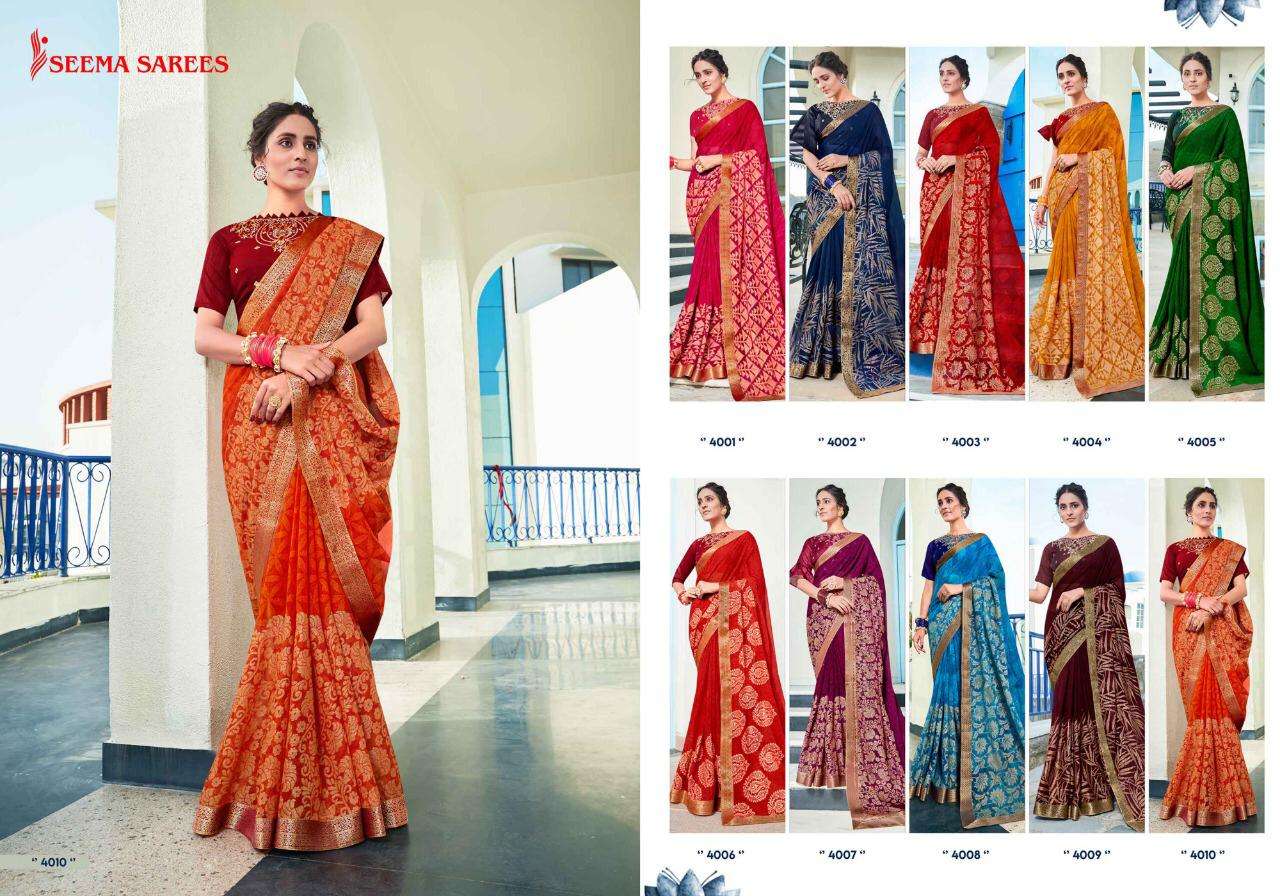 MANGLAM VOL-2 BY SEEMA SAREES 4001 TO 4010 SERIES INDIAN TRADITIONAL WEAR COLLECTION BEAUTIFUL STYLISH FANCY COLORFUL PARTY WEAR & OCCASIONAL WEAR HEAVY GEORGETTE SAREES AT WHOLESALE PRICE