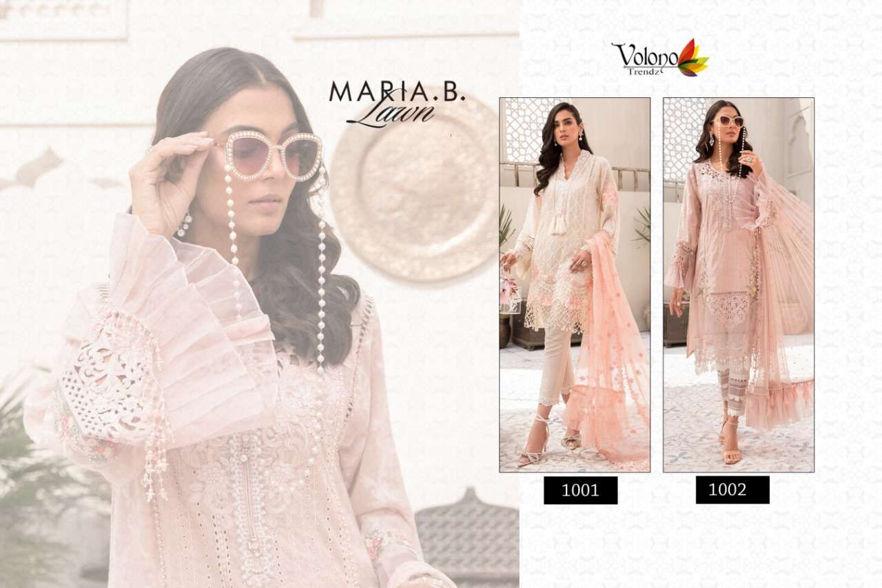 MARIA.B. LAWN BY VOLONO TRENDZ 1001 TO 1002 SERIES BEAUTIFUL PAKISTANI SUITS STYLISH FANCY COLORFUL PARTY WEAR & ETHNIC WEAR CAMBRIC EMBROIDERY DRESSES AT WHOLESALE PRICE